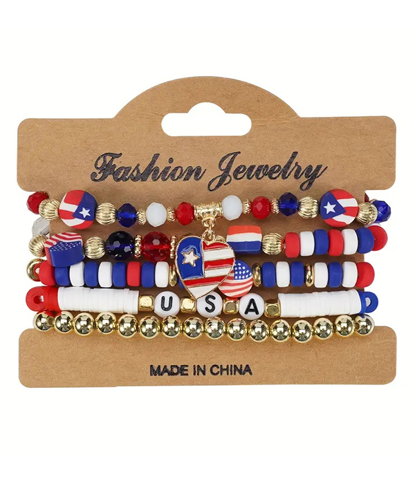Patriotic theme american flag multi stretch bracelet set