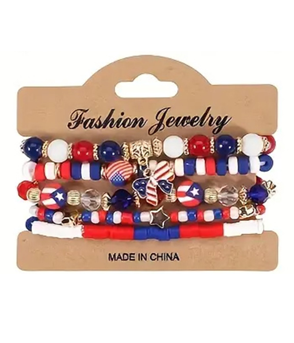 Patriotic theme american flag multi stretch bracelet set