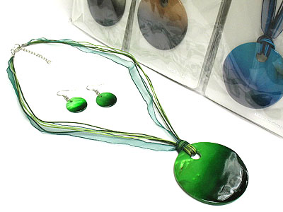 Dozen special assorted color large shell disk and multi fabric chain necklace and earring set mens jewelry