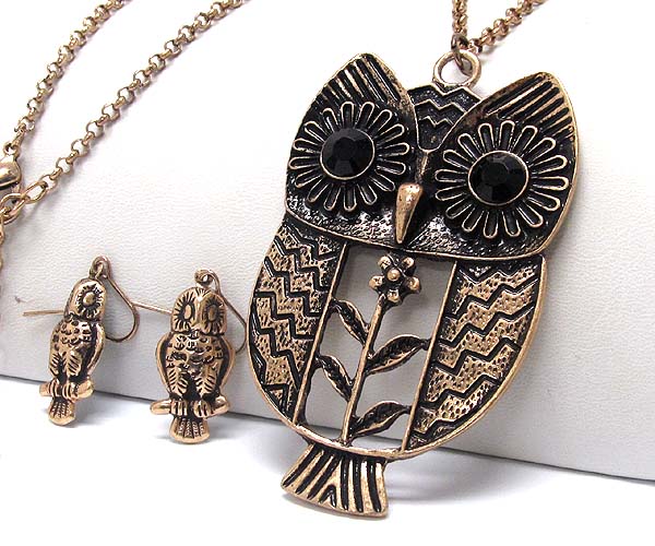 Crystal eye owl and on center body metal flower textered pendant long necklace earring set