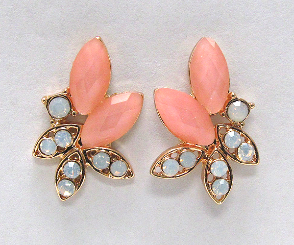 Crystal metal with leafs glass stone stud earring