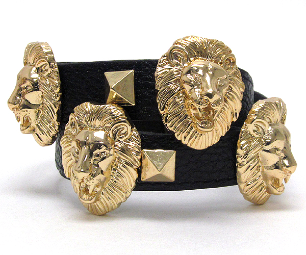 Multi rihanna style metal textured lion head and multi metal square spikes leatherette wrap bracelet