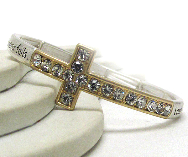 Crystal cross with bible inspiration  message stretch bracelet