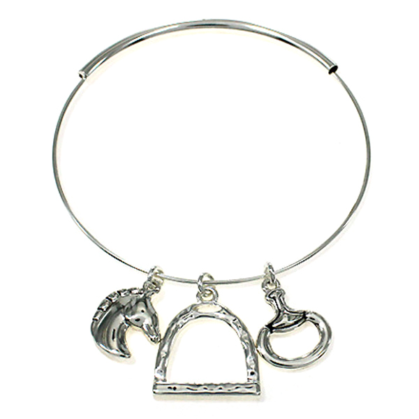 Vintage metal horse theme charm and flexible wire bangle bracelet