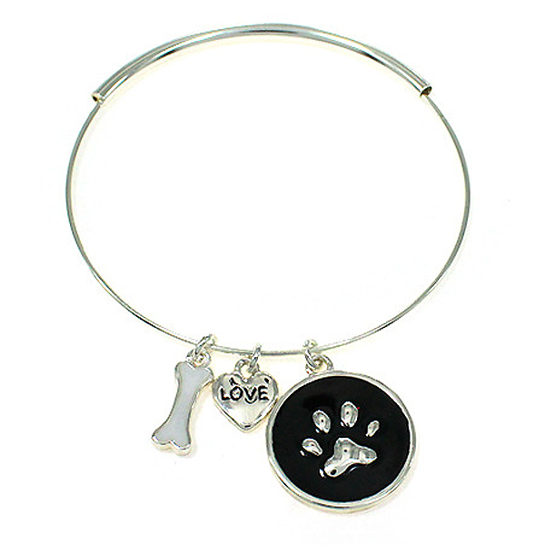 Paw print dog multi epoxy charm and flexible wire bangle bracelet