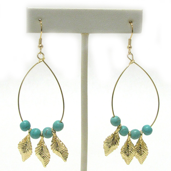 Turquoise ball and metal leaf on wire earring
