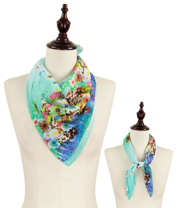Flower pleated chiffon bandana scarf - 100% polyester