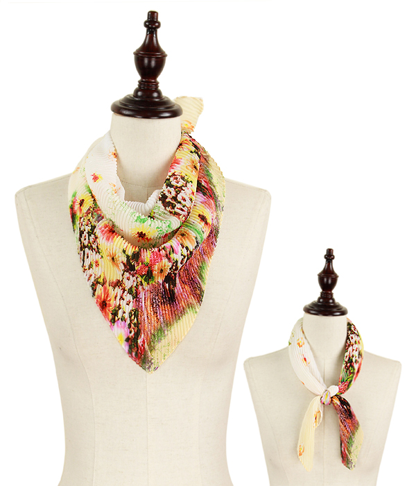Flower pleated chiffon bandana scarf - 100% polyester