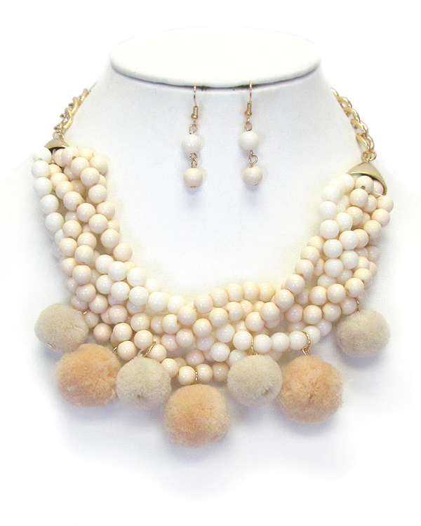 MULTI LAYER BALL BEAD CHAIN TWIST AND POM NECKLACE SET