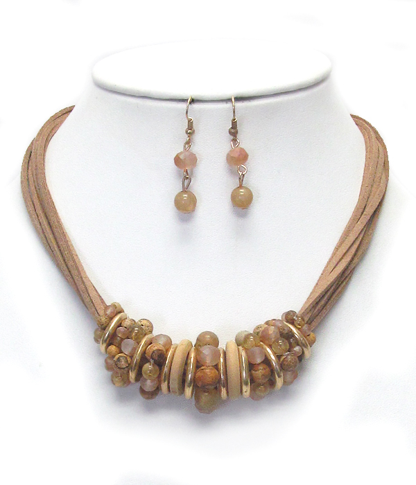 Stone and wood ring mixed multi suede necklace set