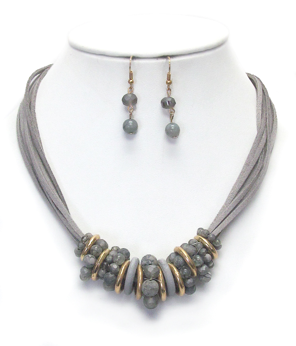 Stone and wood ring mixed multi suede necklace set