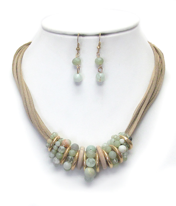 Stone and wood ring mixed multi suede necklace set