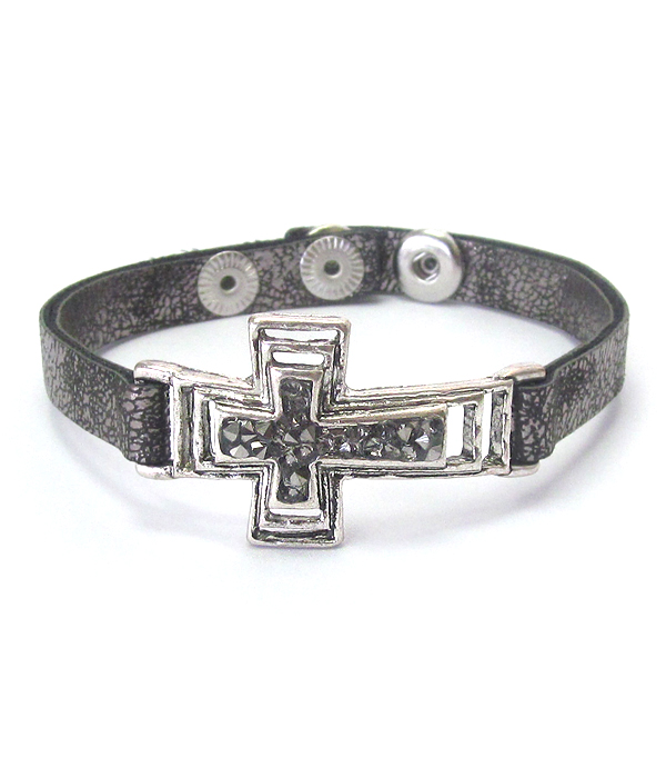 Crystal center glued cross and leatherette band bracelet