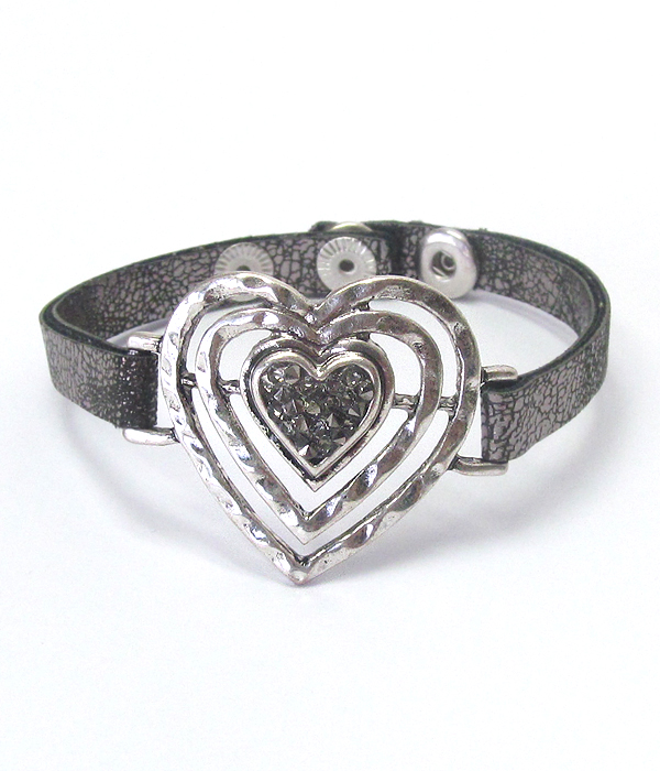 CRYSTAL CENTER GLUED HEART AND LEATHERETTE BAND BRACELET