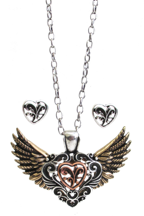 METAL FILIGREE HEART AND ANGEL WING PENDANT NECKLACE SET