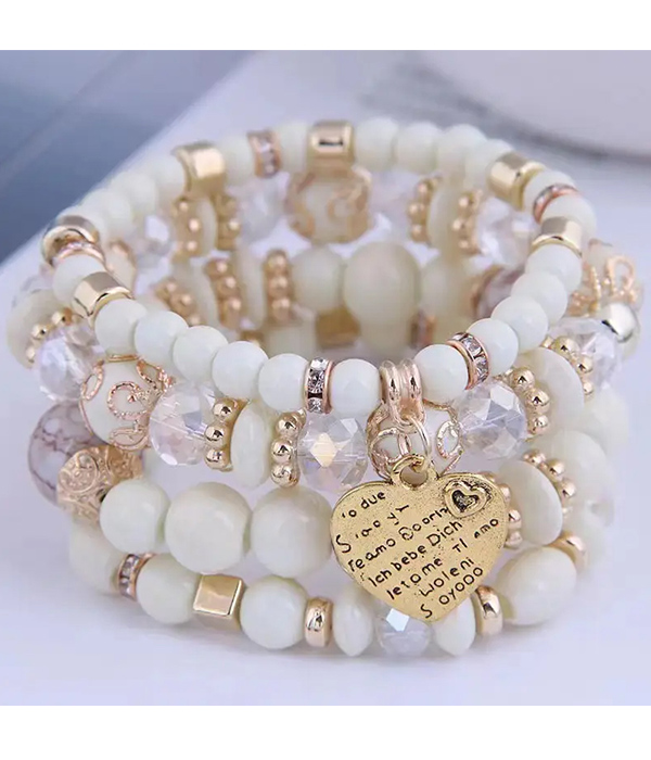Heart charm and multi ball bead mix 4 stretch bracelet set