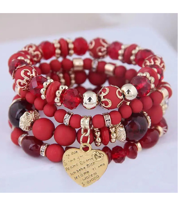 Heart charm and multi ball bead mix 4 stretch bracelet set