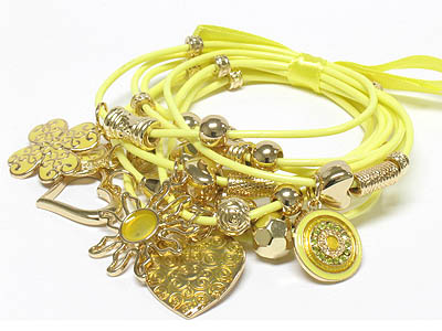 Crystal stud multi charm dangle multi row cord bracelet