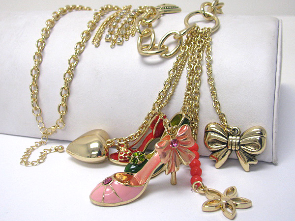 CRYSTAL AND METAL EPOXY MULTI SHOE CHARM DANGLE LONG NECKLACE