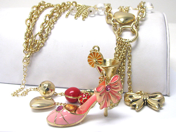 Crystal and epoxy shoe cocktal cherry charm dangle long necklace