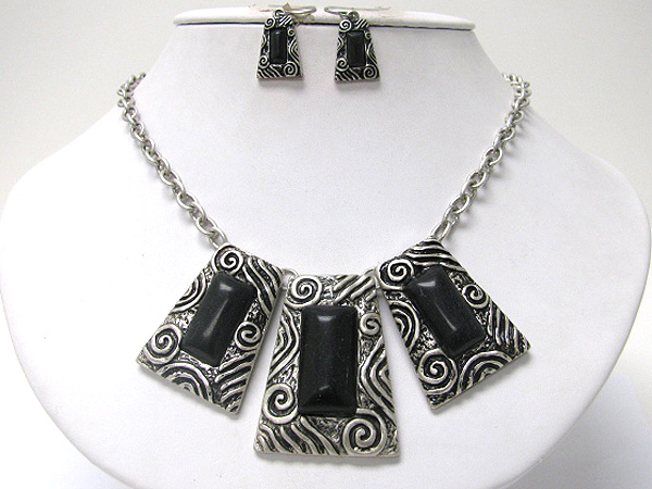 Tri natural stone deco textured metal bar drop necklace earring set