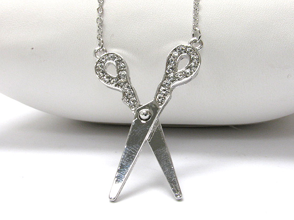 WHITEGOLD PLATING CRYSTAL STUD SCISSORS PENDANT NECKLACE