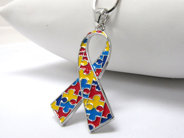 Made in korea whitegold plating epoxy autism awareness ribbon pendant necklace