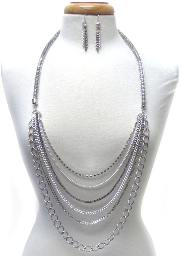 Multi row mixed metal chain necklace earring