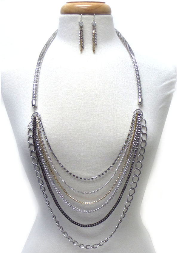 Multi row mixed metal chain necklace earring