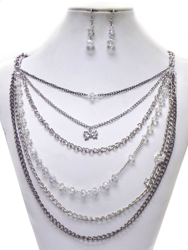 MULTI LAYER METAL AND GLASS BEAD CHAIN LONG NECKLACE EARRING SET