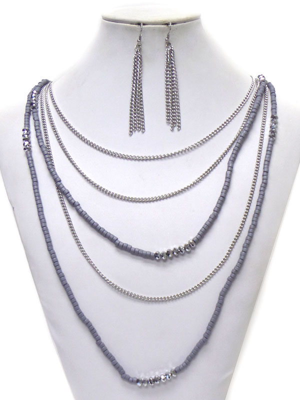 SEED BEAD AND METAL CHAIN MIX LONG NECKLACE EARRING SET
