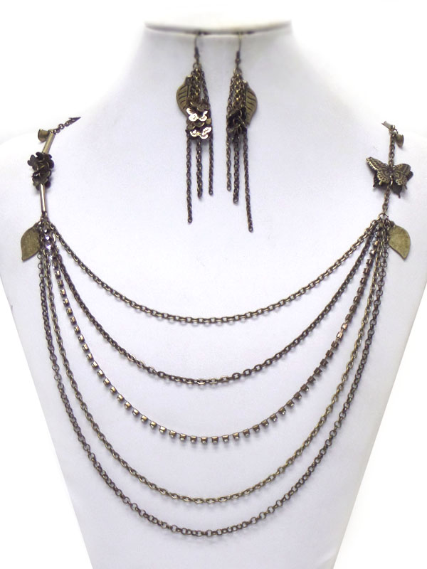 BURNISH METALBUTTERFLY ACCENT MULTI LAYER LONG METAL CHAIN NECKLACE