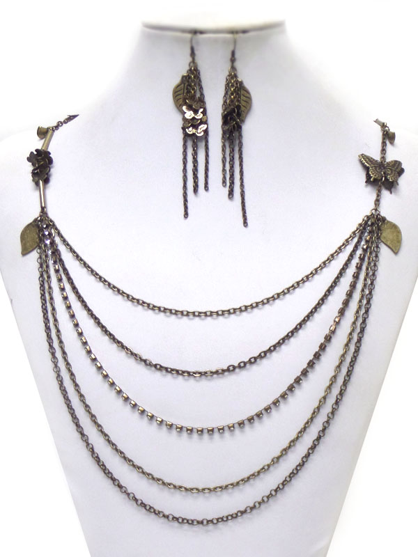 Burnish metalbutterfly accent multi layer long metal chain necklace