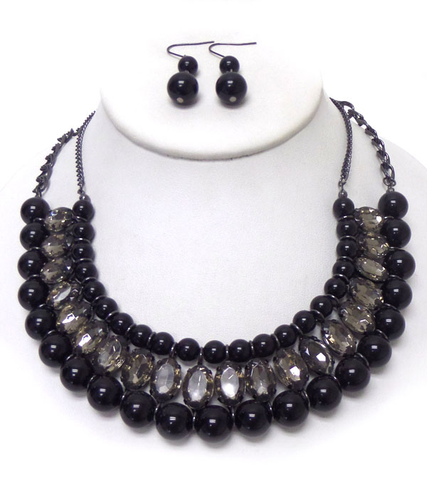 Pearl ball and facet glass stone necklace earring set