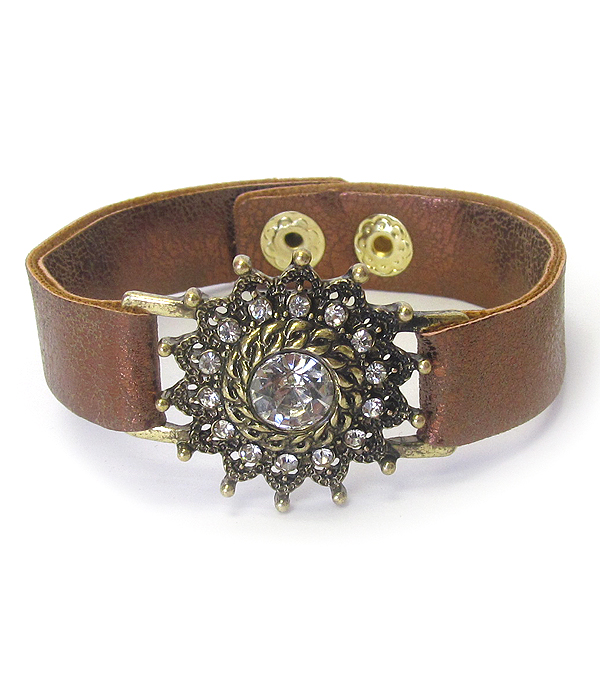 CRYSTAL FLOWER AND LEATHERETTE BAND BRACELET