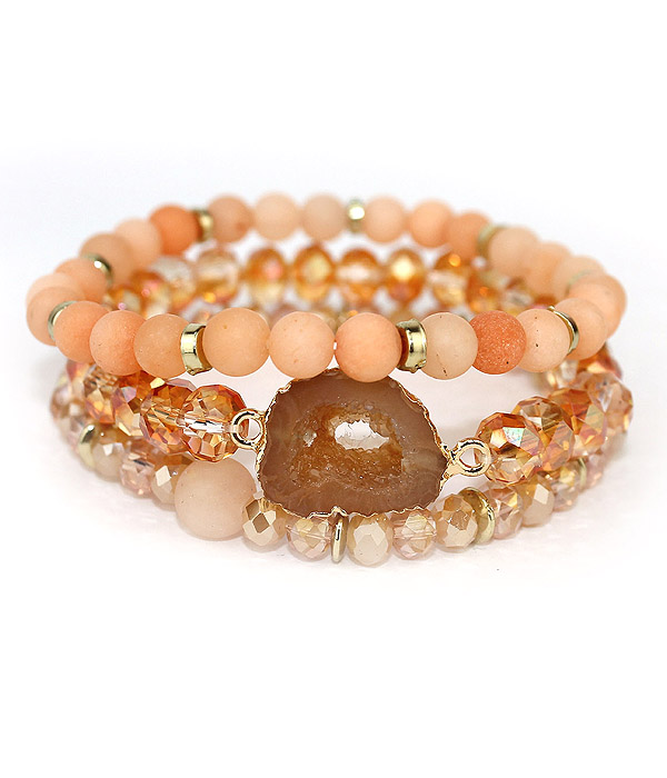 DRUZY AND MULTI GLASS BEAD MIX 3 STRETCH BRACELET SET