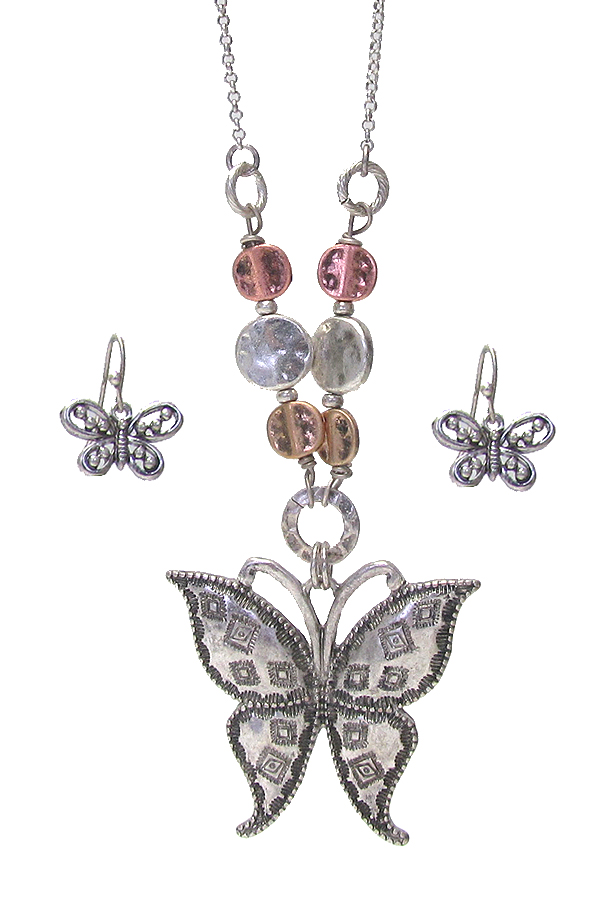 VINTAGE RUSTIC BUTTERFLY PENDANT NECKLACE SET