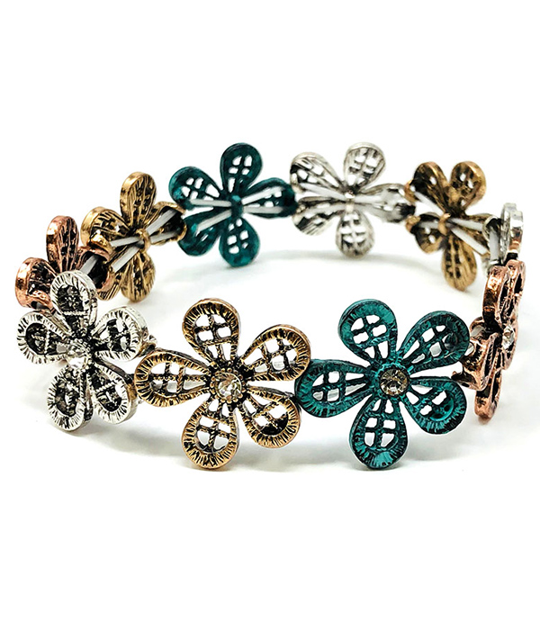 VINTAGE METAL CRYSTAL FLOWER STRETCH BRACELET