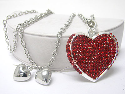 Valentine crystal puffy heart charm long necklace earring set