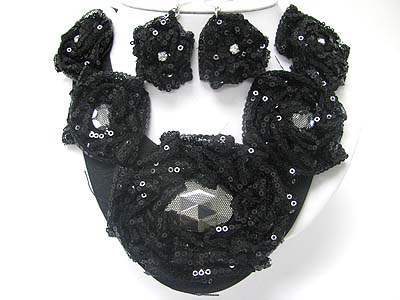 Flower deco mesh chiffon bib style necklace earring set 