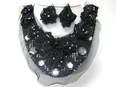 Flower deco mesh chiffon bib style necklace earring set 