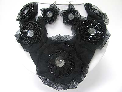 Flower deco mesh chiffon bib style necklace earring set 