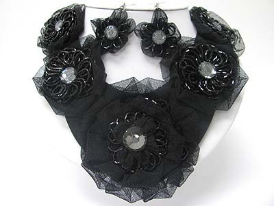 FLOWER DECO MESH CHIFFON BIB STYLE NECKLACE EARRING SET 