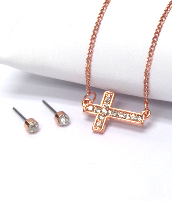 Crystal cross chain necklace earring set