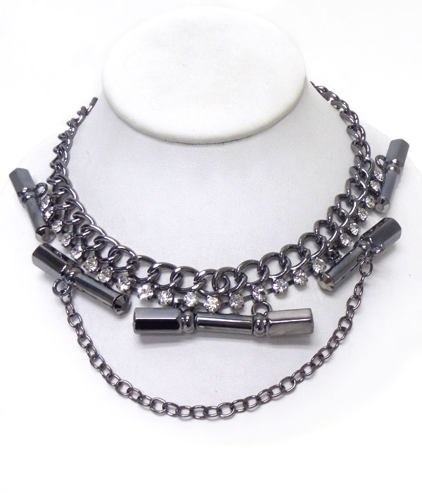Multi crystal and metal bar deco chain drop necklace