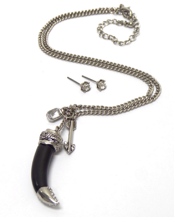 Crystal end tip acrylic horn necklace earring set