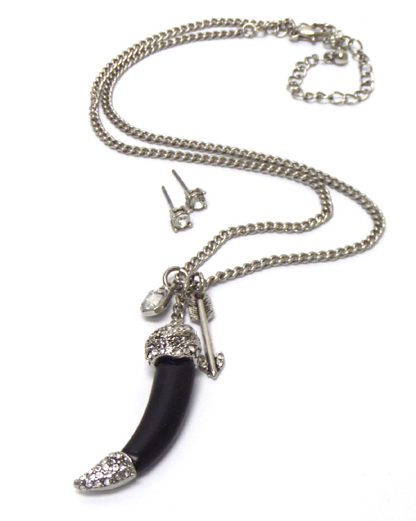 Crystal end tip acrylic horn necklace earring set