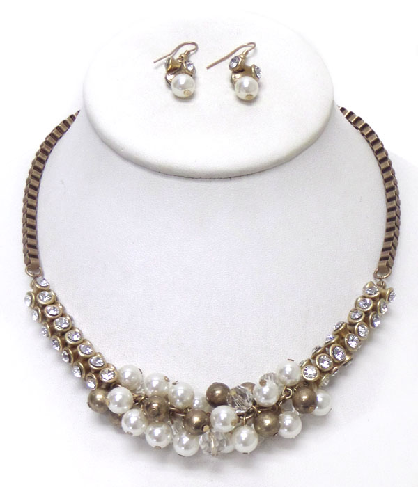 Crystal glass and multi pearl ball two tub crystal and tub necklace earring set