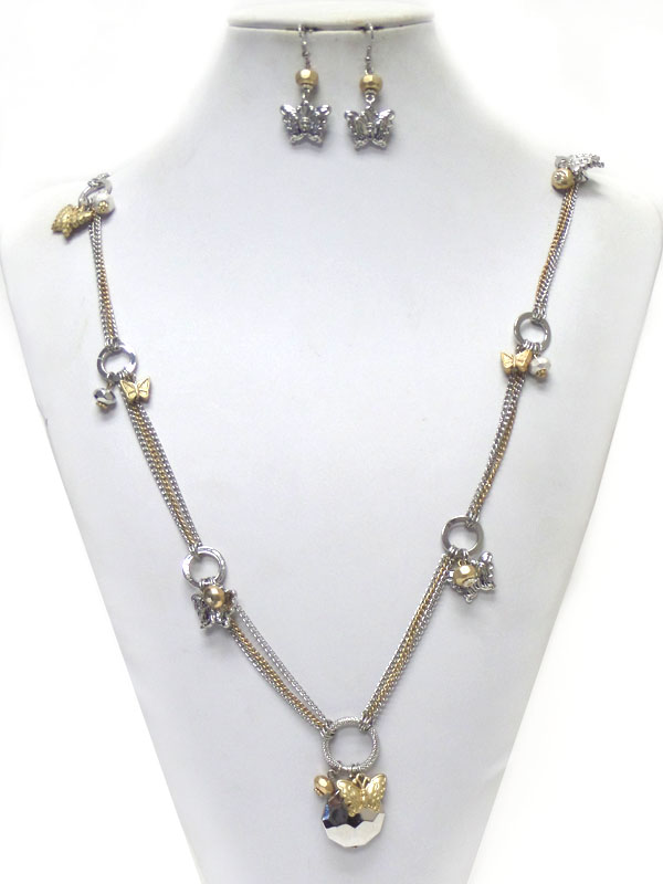 MULTI CHAIN AND BUTTERFLY DROP ROUND CHARM NECKLACE EARRING SET