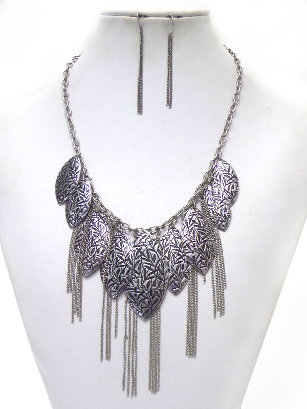 Multi metal leaves and tassel drop necklace earring set